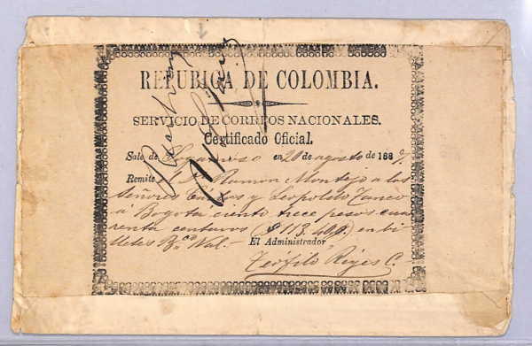 COLOMBIA (SAGAMOSO) Cover CUBIERTA Error *REPUBICA* 1887 Rare {Moorhouse}WT88 - Image 3