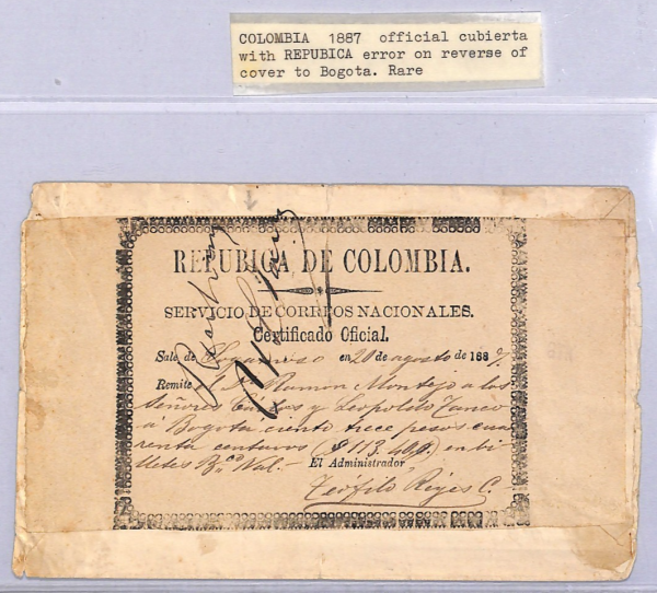 COLOMBIA (SAGAMOSO) Cover CUBIERTA Error *REPUBICA* 1887 Rare {Moorhouse}WT88 - Image 5