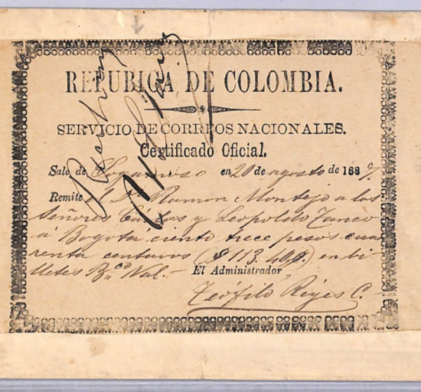 COLOMBIA (SAGAMOSO) Cover CUBIERTA Error *REPUBICA* 1887 Rare {Moorhouse}WT88