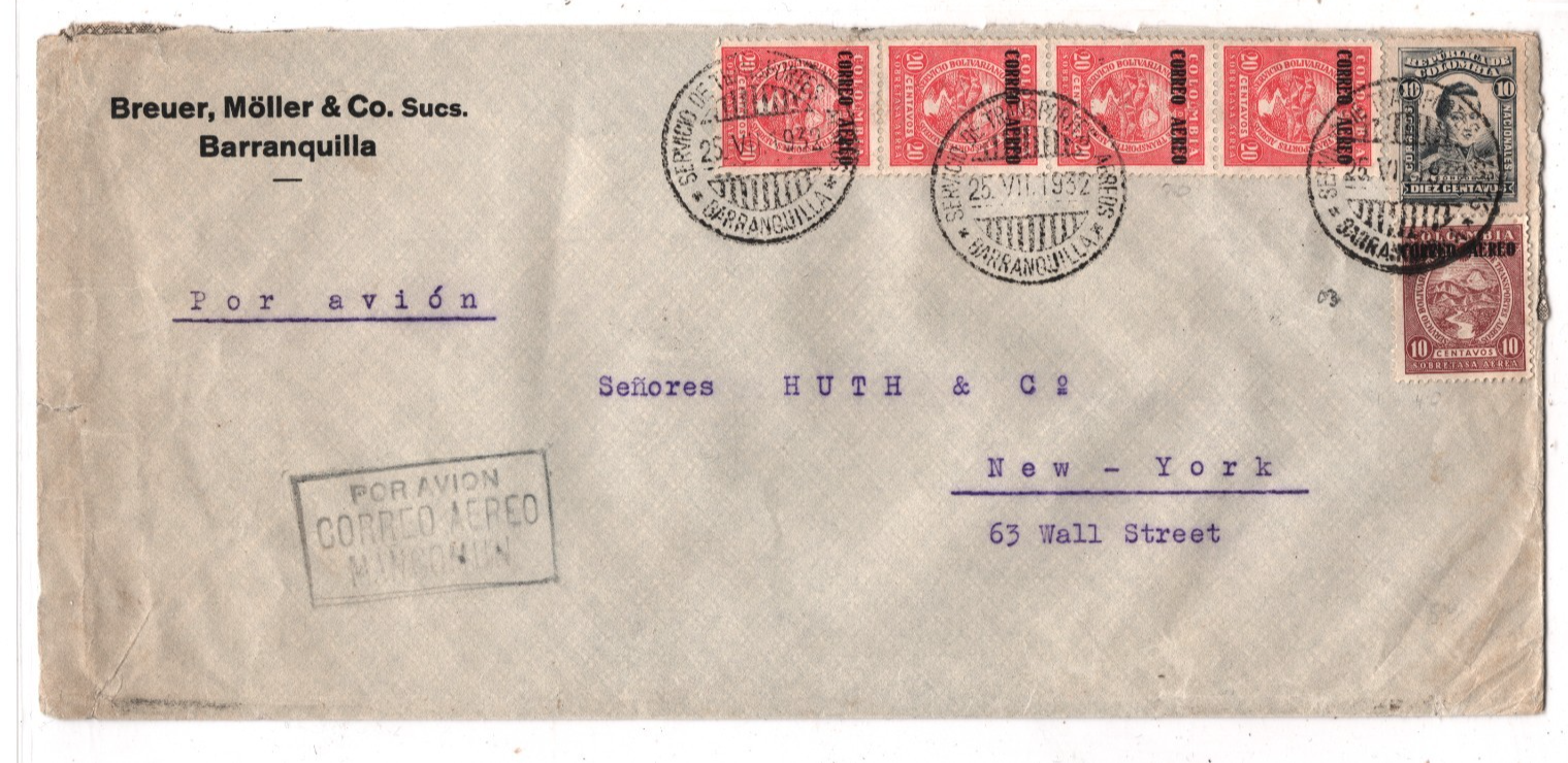 COLOMBIA *SCADTA* Air Mail Cover Barranquilla 1932 USA New York {samwells}WT5 - Image 2