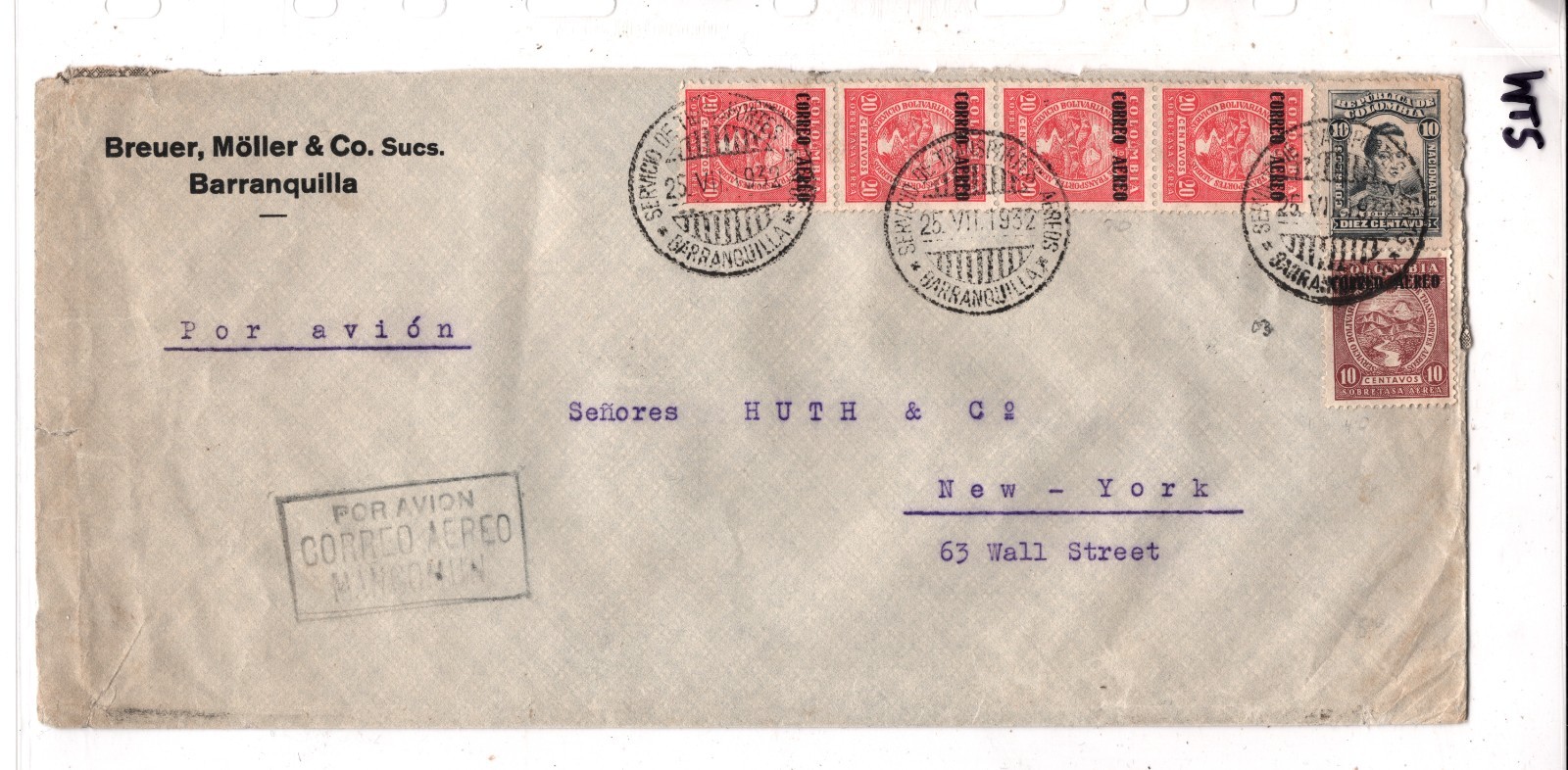 COLOMBIA *SCADTA* Air Mail Cover Barranquilla 1932 USA New York {samwells}WT5 - Image 4