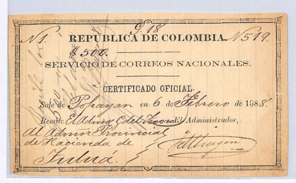COLOMBIA/*POPAYAN* Issue CUBIERTA Insured Letter Stamp 1888 Stationery GO21 WX41 - Image 6