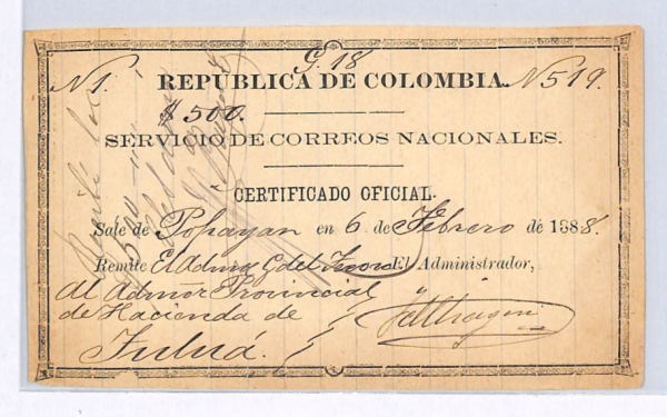 COLOMBIA/*POPAYAN* Issue CUBIERTA Insured Letter Stamp 1888 Stationery GO21 WX41