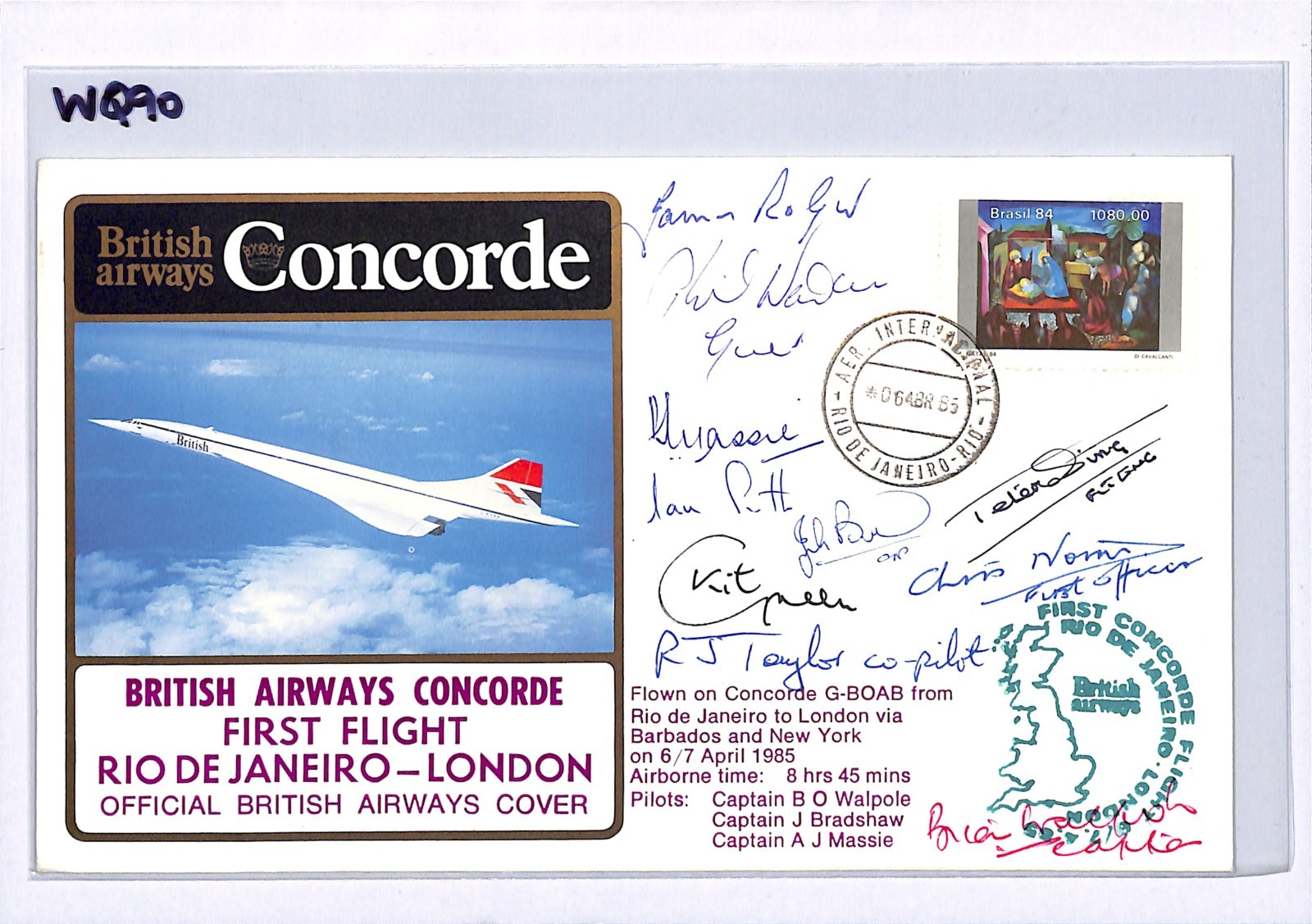 CONCORDE BRAZIL-GB FIRST FLIGHT Air Mail 1985 PILOT +CREW SIGNED Rio-London WQ90
