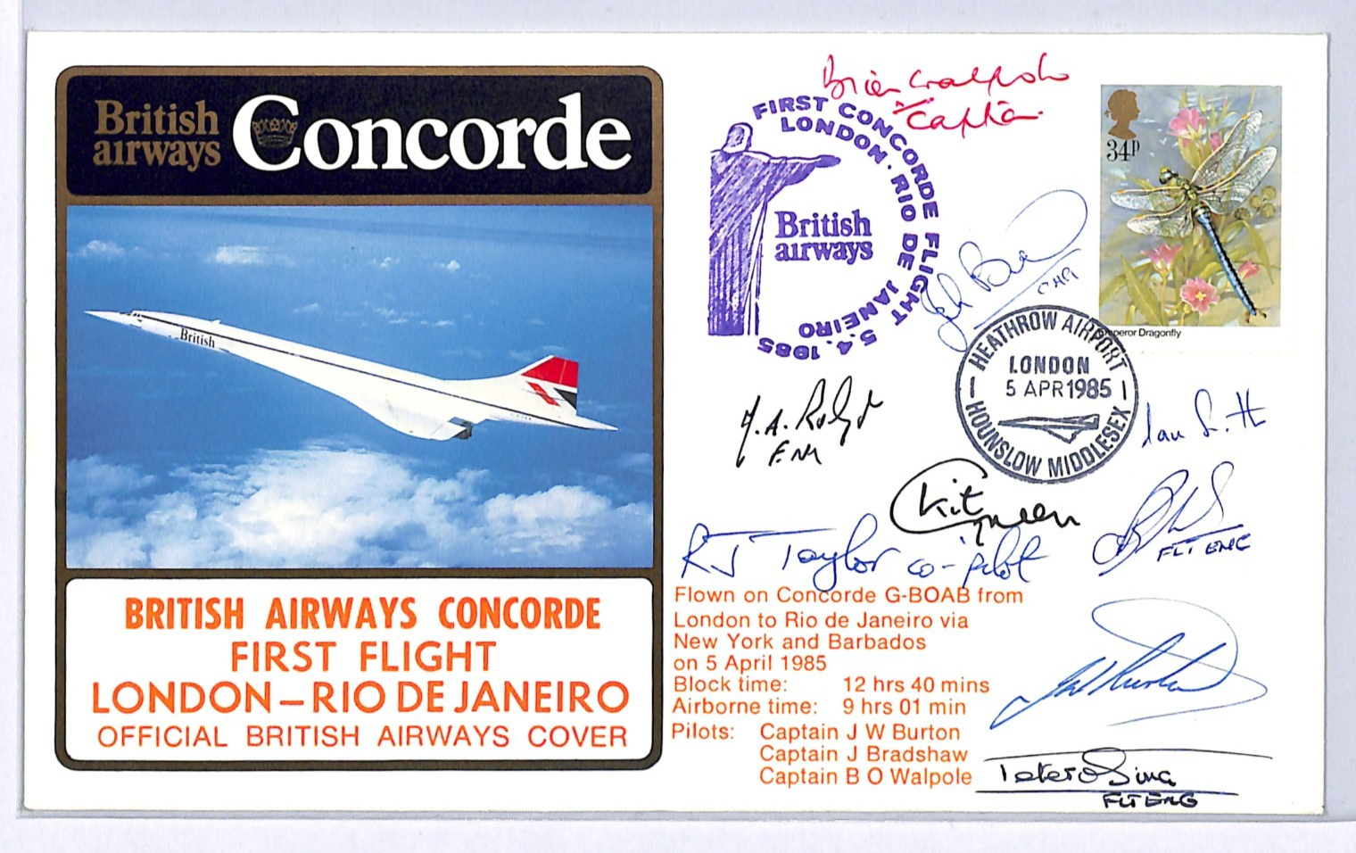 CONCORDE GB-BRAZIL FIRST FLIGHT Air Mail 1985 PILOT +CREW SIGNED London-Rio WQ91