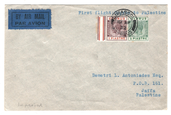 CYPRUS Air KGV Cover FIRST FLIGHT PALESTINE Limassol 1932 *Jaffa* (Israel) KA613 - Image 3