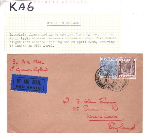 CYPRUS Air Mail KGV Cover *IMPERIAL FIRST FLIGHT* Nicosia 1932 Wrexham Wales KA6 - Image 4