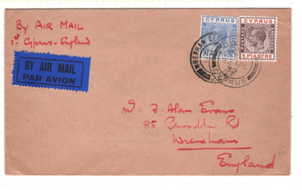 CYPRUS Air Mail KGV Cover *IMPERIAL FIRST FLIGHT* Nicosia 1932 Wrexham Wales KA6 - Image 5