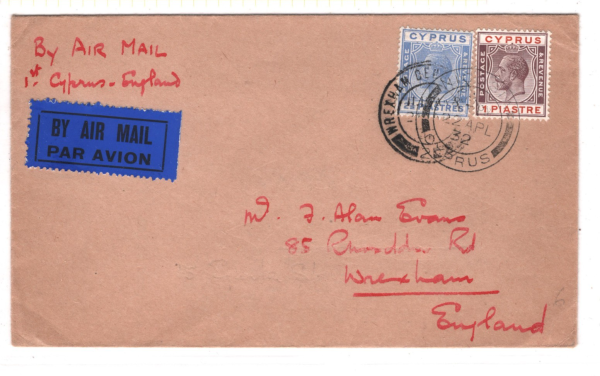 CYPRUS Air Mail KGV Cover *IMPERIAL FIRST FLIGHT* Nicosia 1932 Wrexham Wales KA6