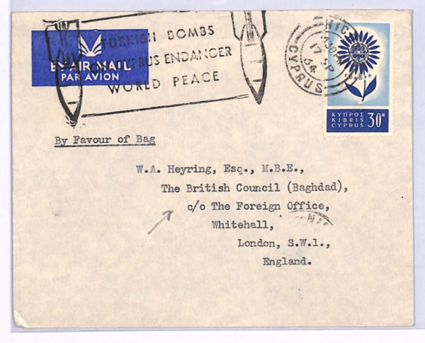 CYPRUS Cover *TURKISH BOMBS* PEACE Slogan 1964 British DIPLOMATIC BAG Iraq XH103 - Image 3