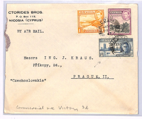 CYPRUS KGVI 3pi VICTORY/PEACE Cover 3-COLOUR FRANKING Nicosia 1947 Prague XH174 - Image 3