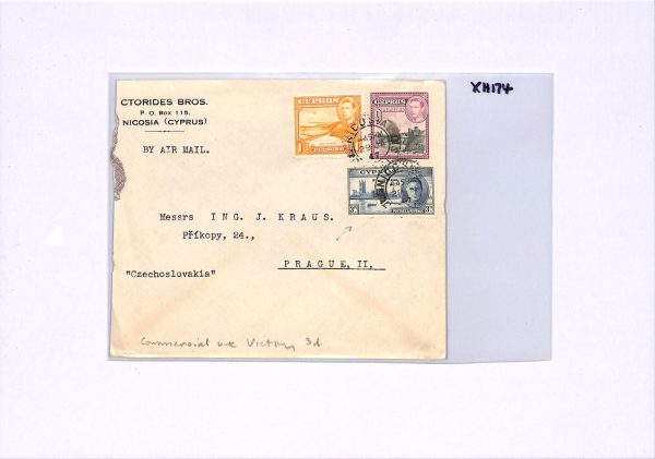 CYPRUS KGVI 3pi VICTORY/PEACE Cover 3-COLOUR FRANKING Nicosia 1947 Prague XH174 - Image 5