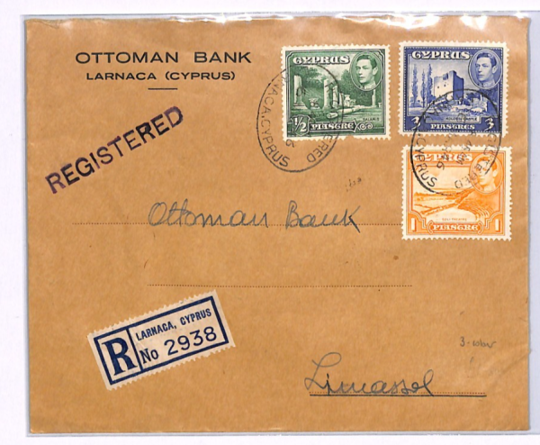 CYPRUS KGVI Cover 3-COLOUR FRANKING Larnaca 1946 Reg OTTOMAN BANK Limassol XH186 - Image 3