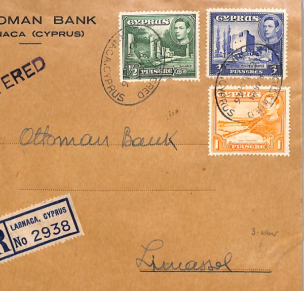 CYPRUS KGVI Cover 3-COLOUR FRANKING Larnaca 1946 Reg OTTOMAN BANK Limassol XH186