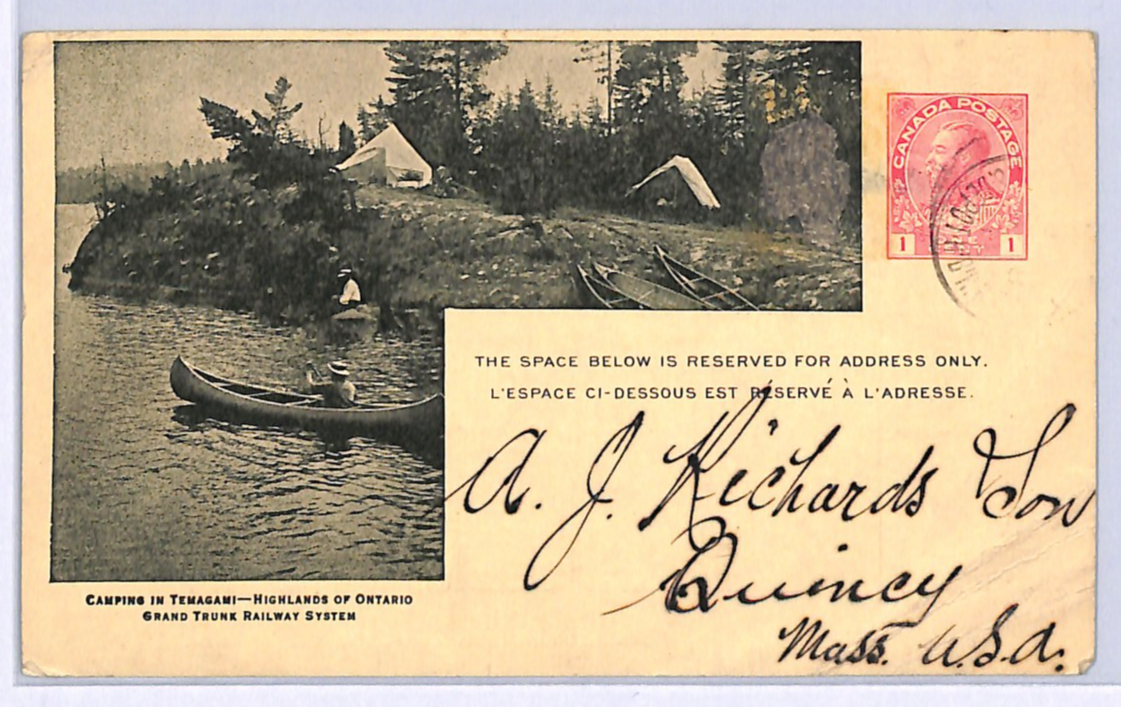 Canada GRAND TRUNK RAILWAY KGV Card CANOE & *CAMPING* 1915 Depot Harbour WA160