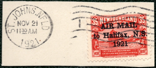 NEWFOUNDLAND SG.148g 35c AIR MAIL 1921 Overprint Piece Cat £150 Canada PIBLUE37