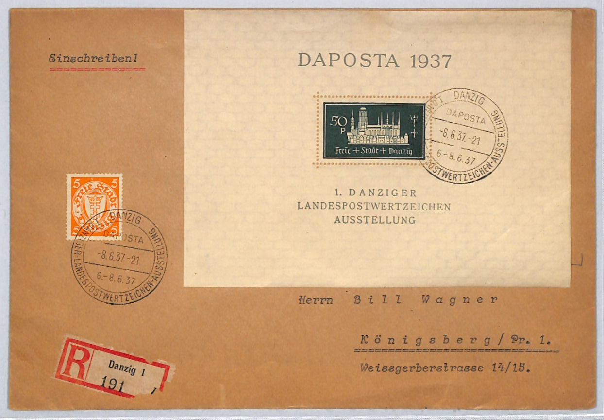 DANZIG FREIE STADT (Poland) Cover 1937 *DAPOSTA* Exhibition 50pf Mini-Sheet ZM92 - Image 3