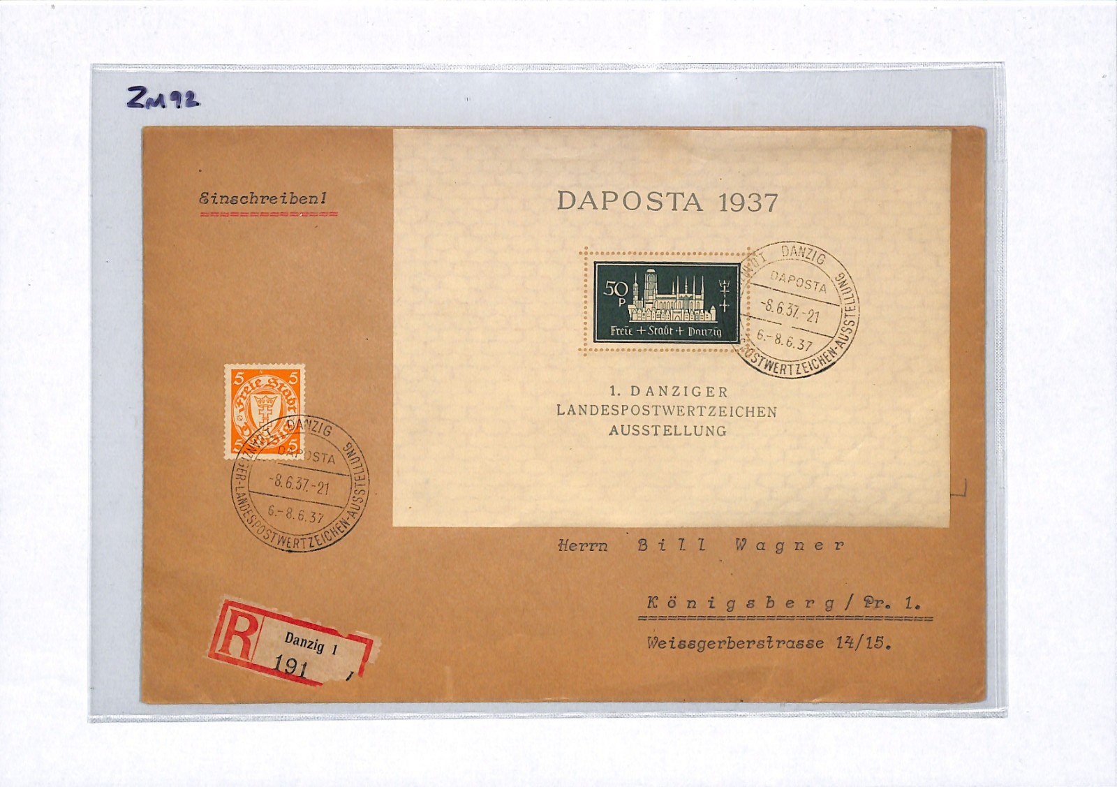 DANZIG FREIE STADT (Poland) Cover 1937 *DAPOSTA* Exhibition 50pf Mini-Sheet ZM92 - Image 8