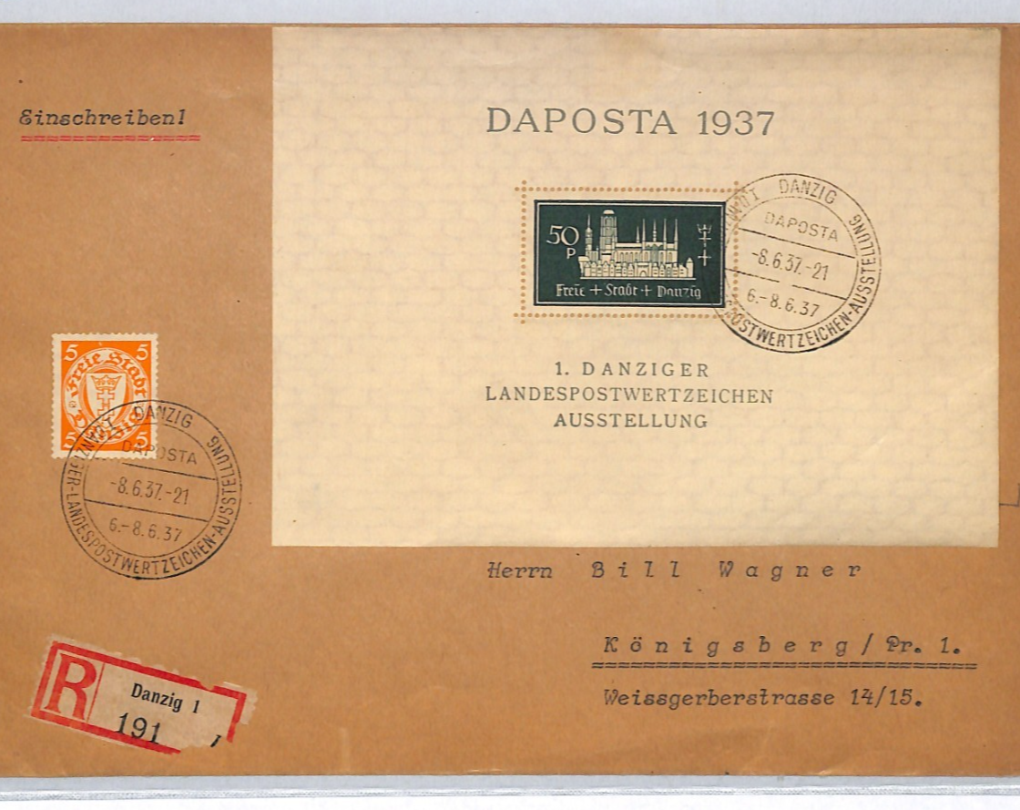 DANZIG FREIE STADT (Poland) Cover 1937 *DAPOSTA* Exhibition 50pf Mini-Sheet ZM92
