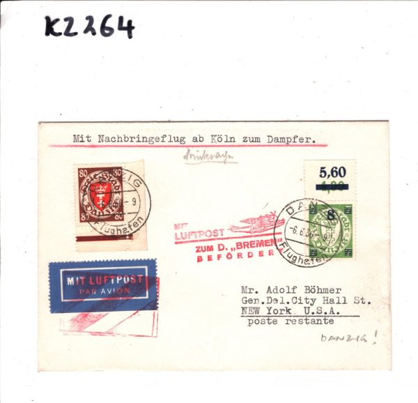 DANZIG (Poland) Air Mail Cover CATAPULT MAIL Ship BREMEN Germany 1936 USA KZ264 - Image 5