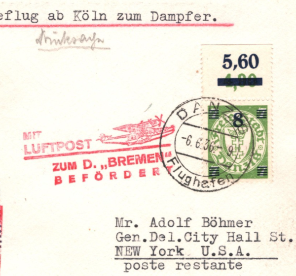 DANZIG (Poland) Air Mail Cover CATAPULT MAIL Ship BREMEN Germany 1936 USA KZ264