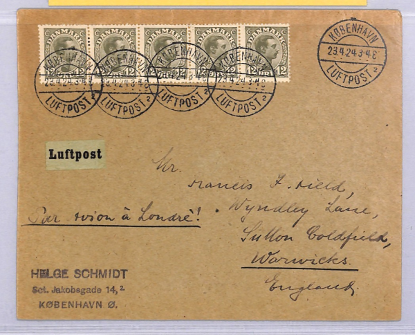 DENMARK Air 1924 Cover FIRST FLIGHT-London 12o STRIP {Illustrated *Luning*}WT64 - Image 3