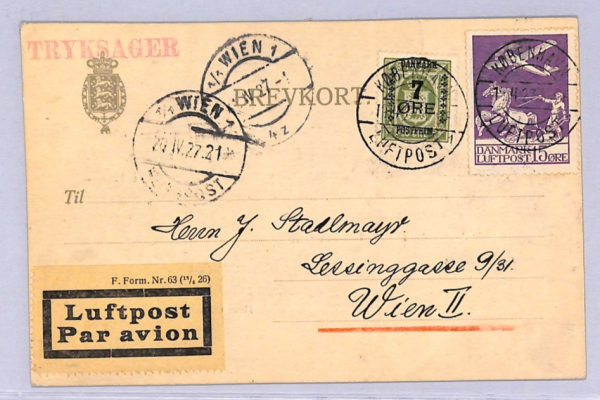 DENMARK Air Mail 1927 FIRST FLIGHT Vienna Copenhagen (1918) Postcard {Joffe}WT65 - Image 3