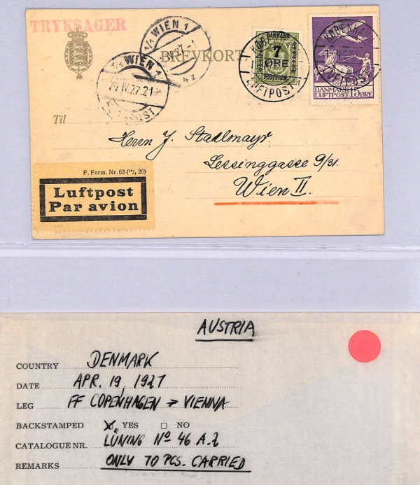DENMARK Air Mail 1927 FIRST FLIGHT Vienna Copenhagen (1918) Postcard {Joffe}WT65 - Image 5