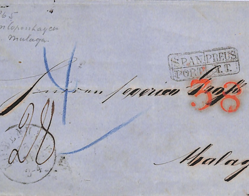 DENMARK Cover Copenhagen 1865 Malaga *SPAN/PREUS* Transit RED *36* CHARGE WO92 - Image 3