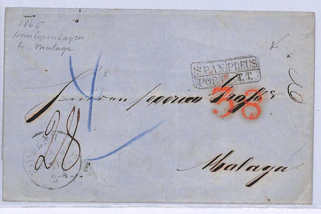 DENMARK Cover Copenhagen 1865 Malaga *SPAN/PREUS* Transit RED *36* CHARGE WO92 - Image 4