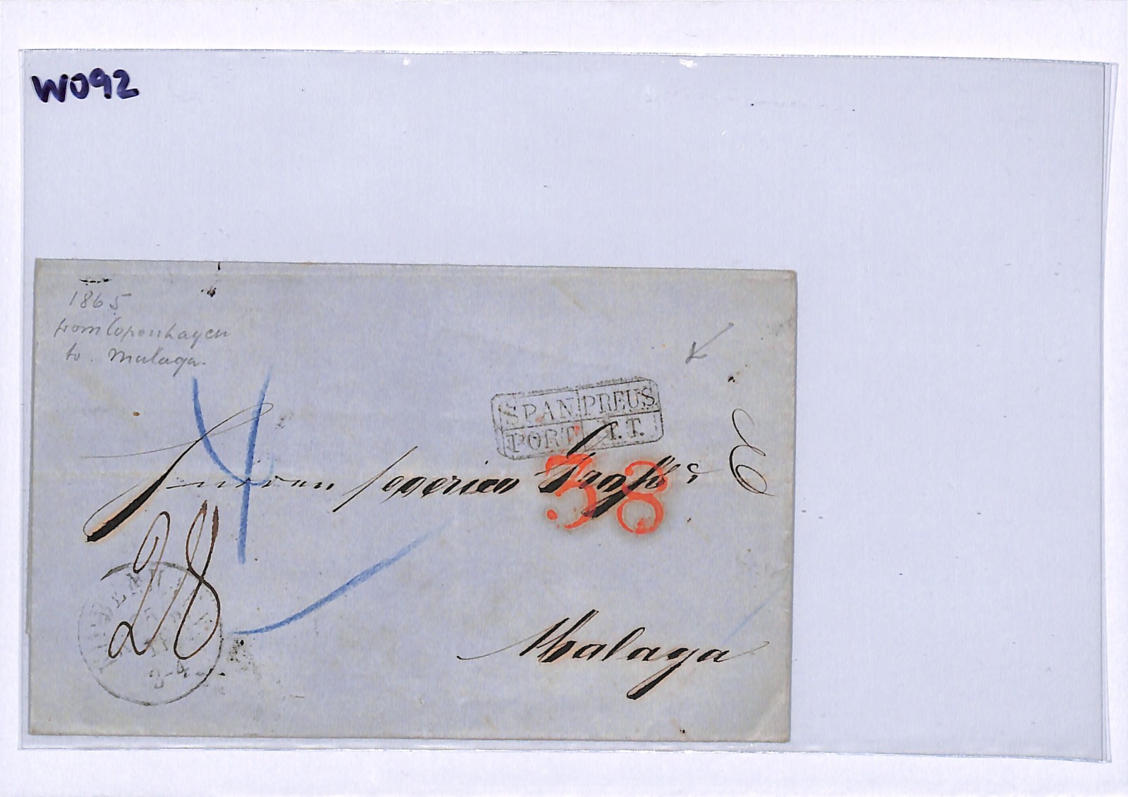 DENMARK Cover Copenhagen 1865 Malaga *SPAN/PREUS* Transit RED *36* CHARGE WO92 - Image 6