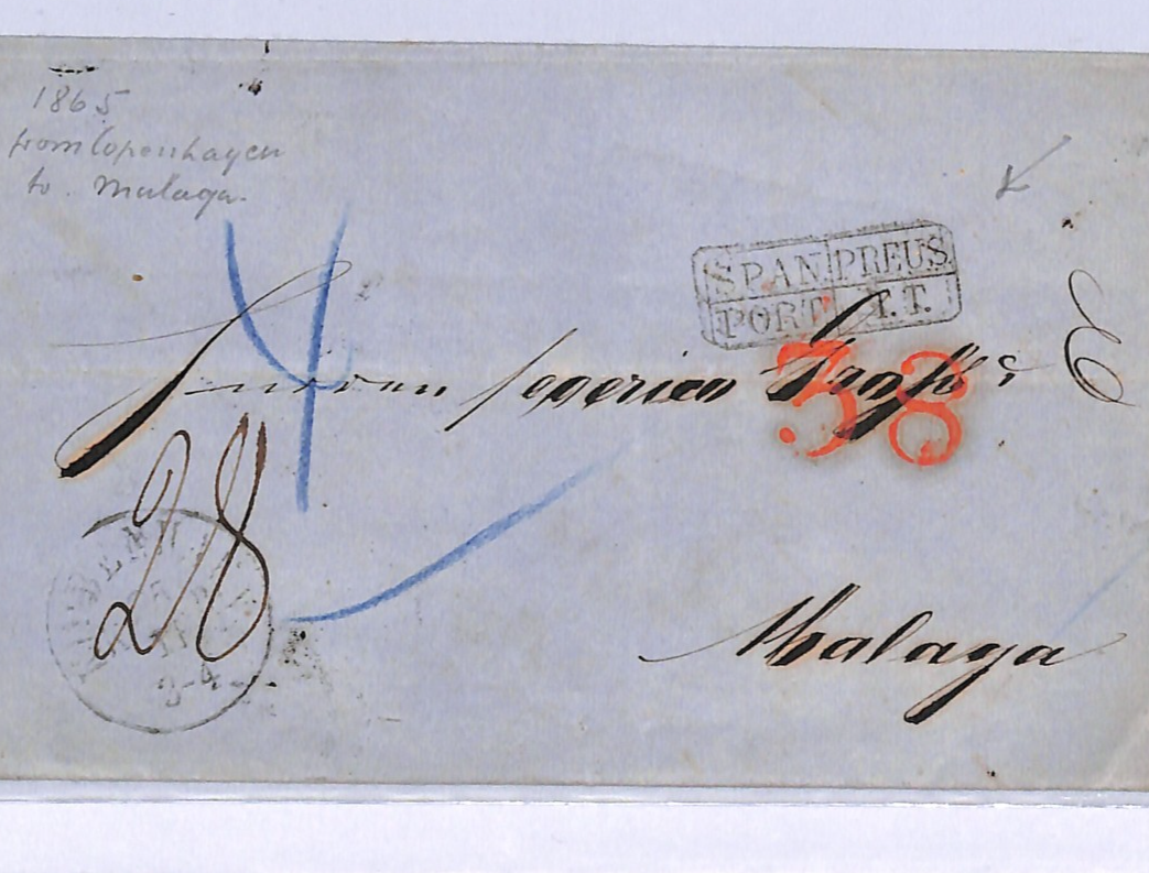 DENMARK Cover Copenhagen 1865 Malaga *SPAN/PREUS* Transit RED *36* CHARGE WO92