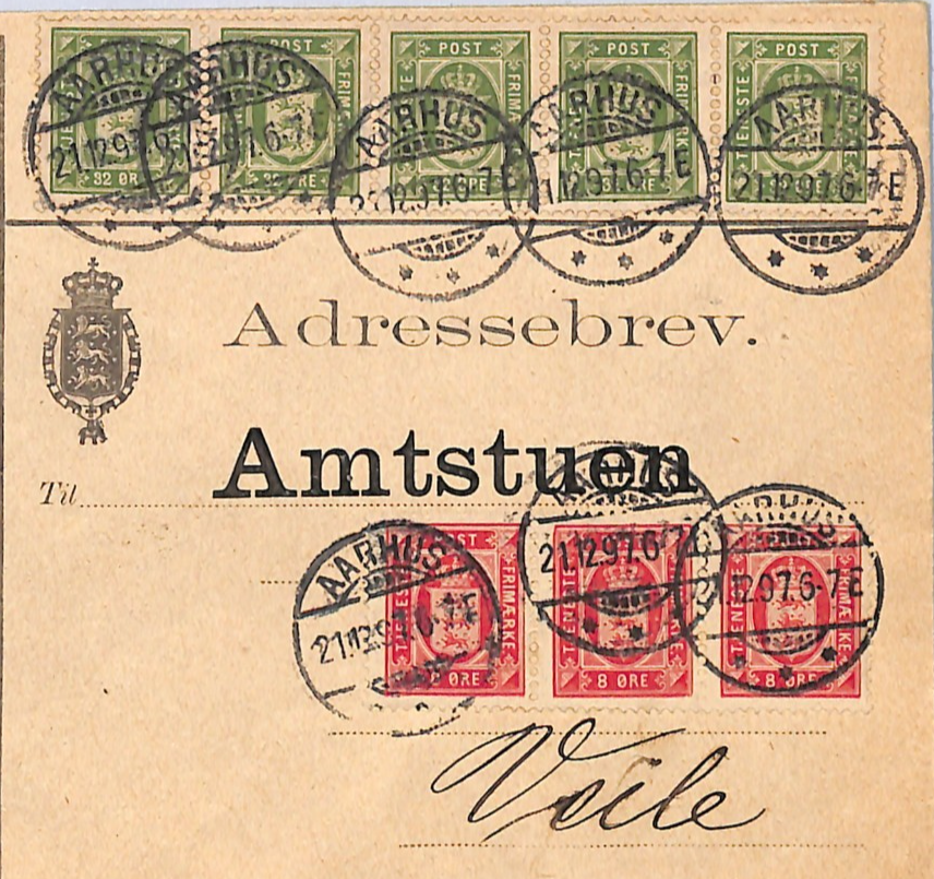 DENMARK Cover OFFICIAL 32o *HIGH VALUE* Strip{5} 8o Reg Aarhus 1897 Vejle WH365 - Image 3