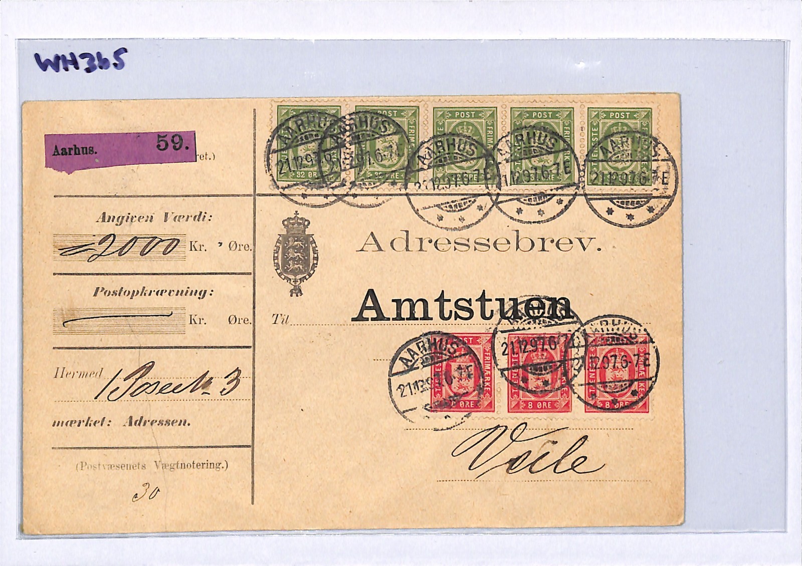 DENMARK Cover OFFICIAL 32o *HIGH VALUE* Strip{5} 8o Reg Aarhus 1897 Vejle WH365 - Image 5