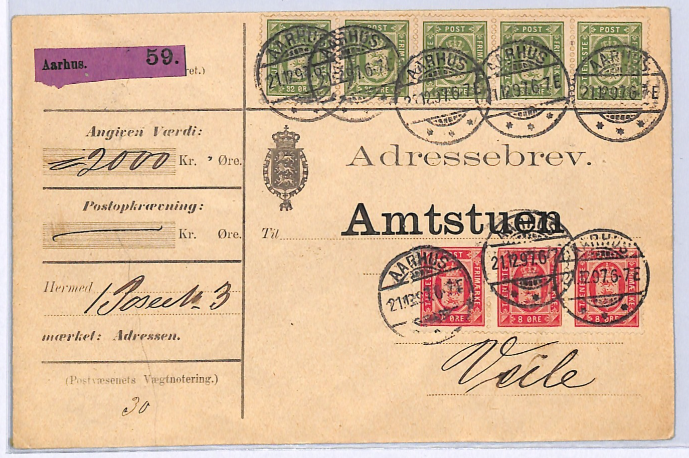 DENMARK Cover OFFICIAL 32o *HIGH VALUE* Strip{5} 8o Reg Aarhus 1897 Vejle WH365