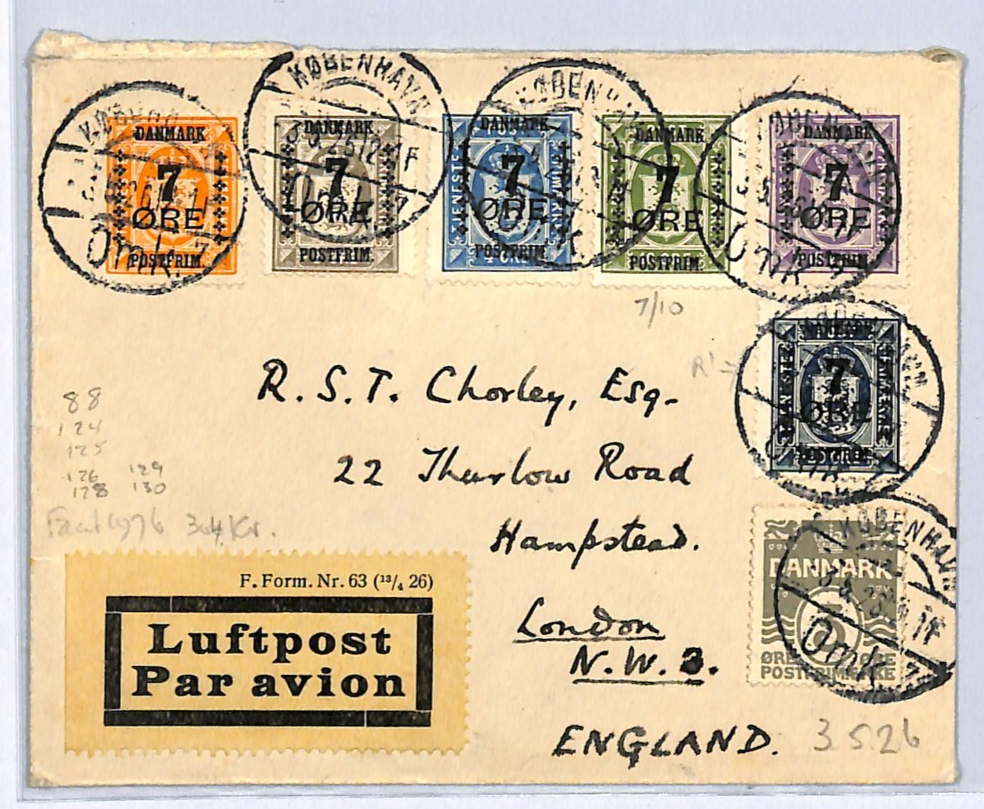 DENMARK Early Air Mail Cover 1926 *7 ORE* Surcharges{6} Copenhagen-London WH333 - Image 3