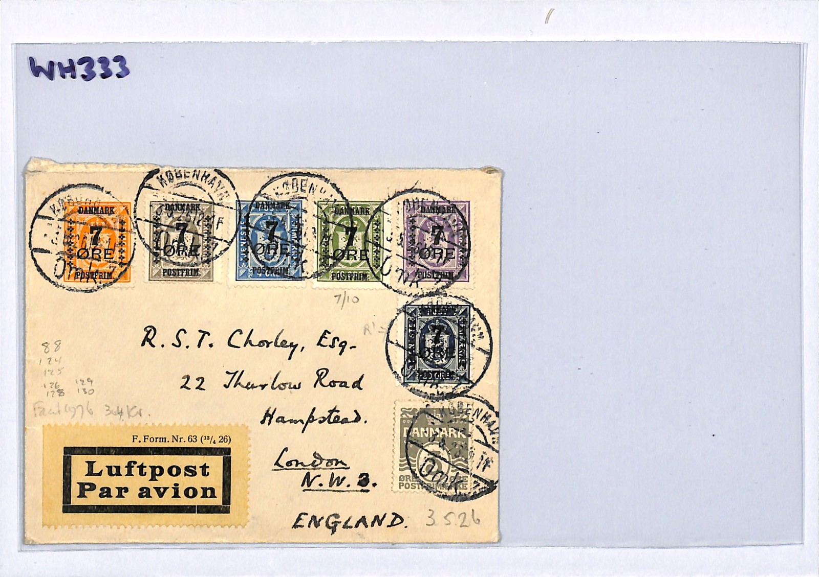 DENMARK Early Air Mail Cover 1926 *7 ORE* Surcharges{6} Copenhagen-London WH333 - Image 5