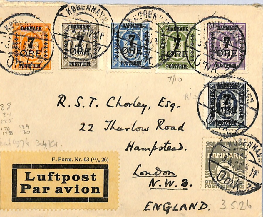 DENMARK Early Air Mail Cover 1926 *7 ORE* Surcharges{6} Copenhagen-London WH333