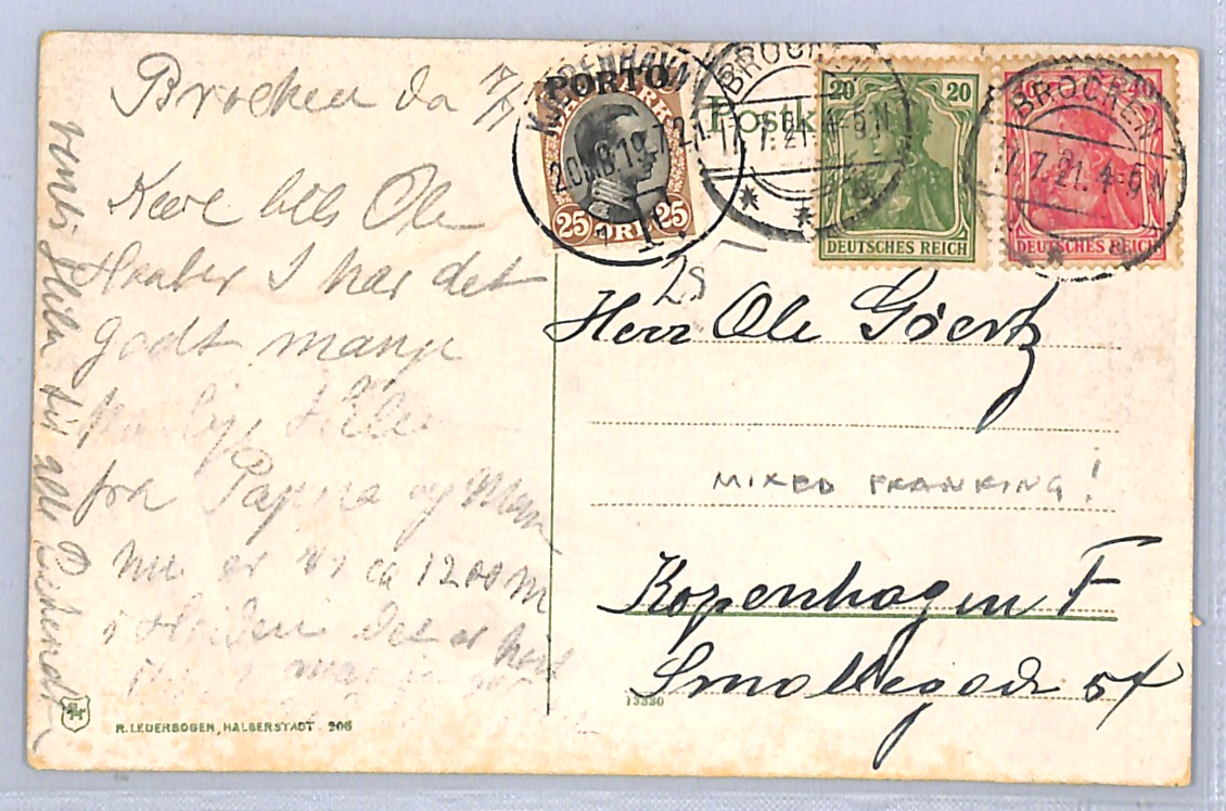 DENMARK POSTAGE DUE 25o *PORTO* Overprint July 1921 Germany Underpaid Card WH342 - Image 3