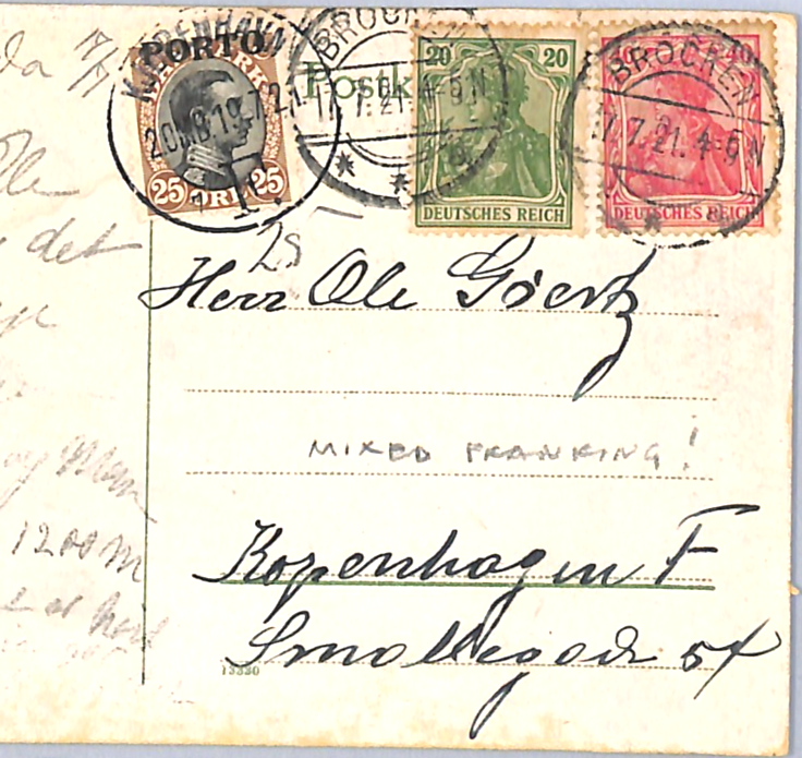 DENMARK POSTAGE DUE 25o *PORTO* Overprint July 1921 Germany Underpaid Card WH342