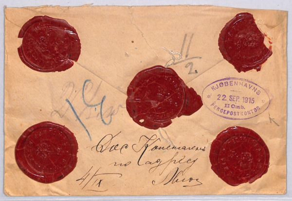 DENMARK WW1 Reg MILITARY Cover 1915 WAX SEAL Violet *PENGEPOSTKONTOR* Oval YG409 - Image 4