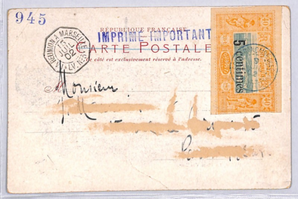 DJIBOUTI 5c/40c Surcharge *REUNION-MARSEILLE* 1902 Card {samwells-covers}YF251 - Image 3