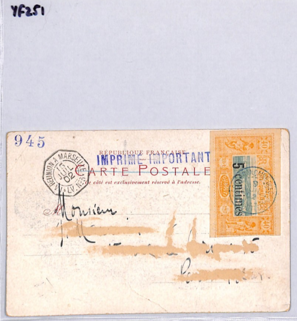 DJIBOUTI 5c/40c Surcharge *REUNION-MARSEILLE* 1902 Card {samwells-covers}YF251 - Image 9