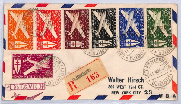 DJIBOUTI Cover Air HIGH VALUES 1941 Set{7} PLANES France Cols Reg'd 1947 YF227