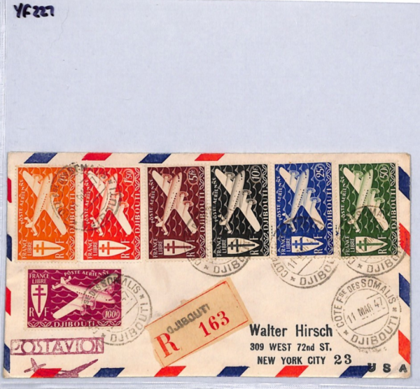 DJIBOUTI Cover Air HIGH VALUES 1941 Set{7} PLANES France Cols Reg'd 1947 YF227 - Image 8