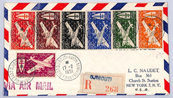 DJIBOUTI Cover Air HIGH VALUES 1941 Set{7} PLANES France Cols Reg'd 1951 YF225 - Image 3
