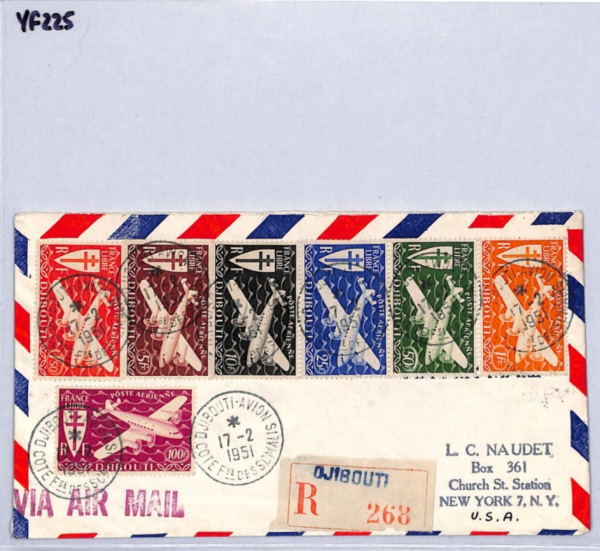 DJIBOUTI Cover Air HIGH VALUES 1941 Set{7} PLANES France Cols Reg'd 1951 YF225 - Image 8