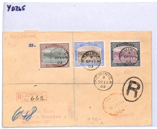 DOMINICA Cover KEVII 3d 2½d. 2d Registered 1903 Germany Dresden {samwells}YD265 - Image 8
