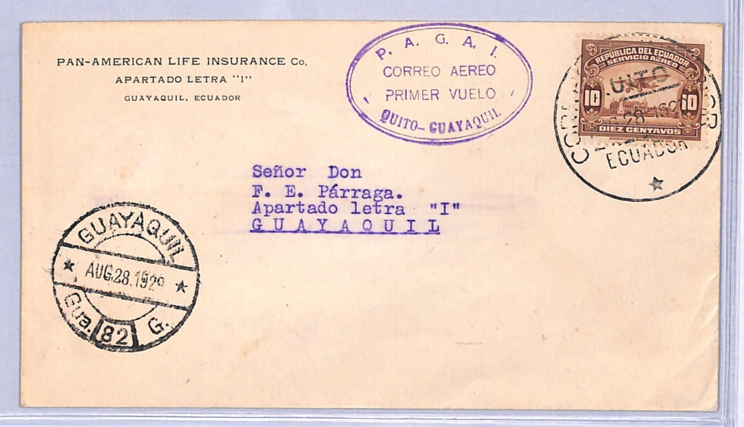ECUADOR Air Cover 1929 *PAGAT* FIRST FLIGHT Quito Guayaquil {Muller #29}VT111 - Image 2