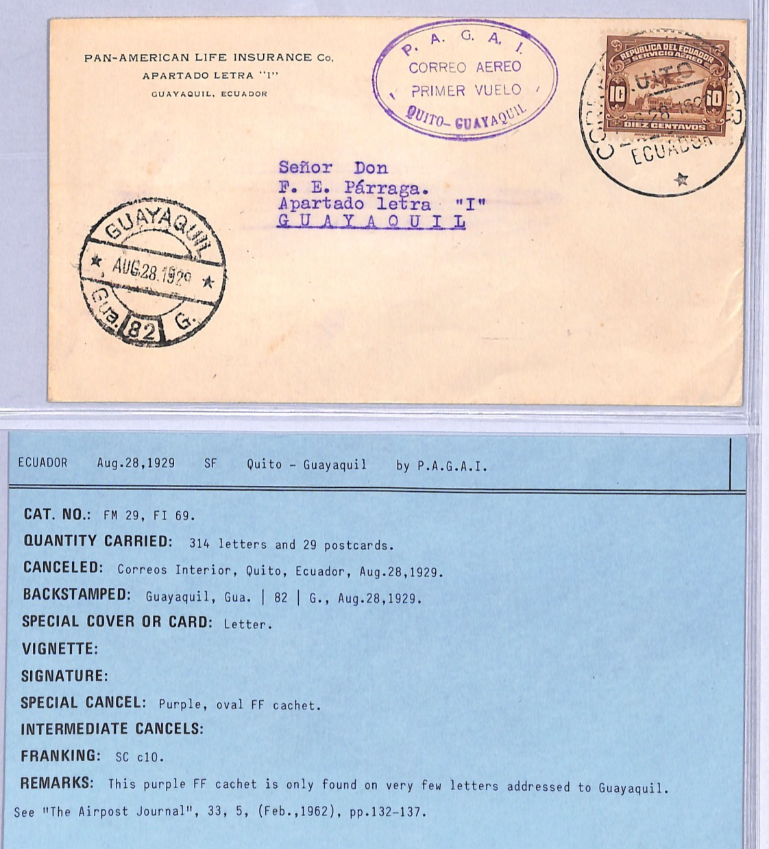 ECUADOR Air Cover 1929 *PAGAT* FIRST FLIGHT Quito Guayaquil {Muller #29}VT111 - Image 3